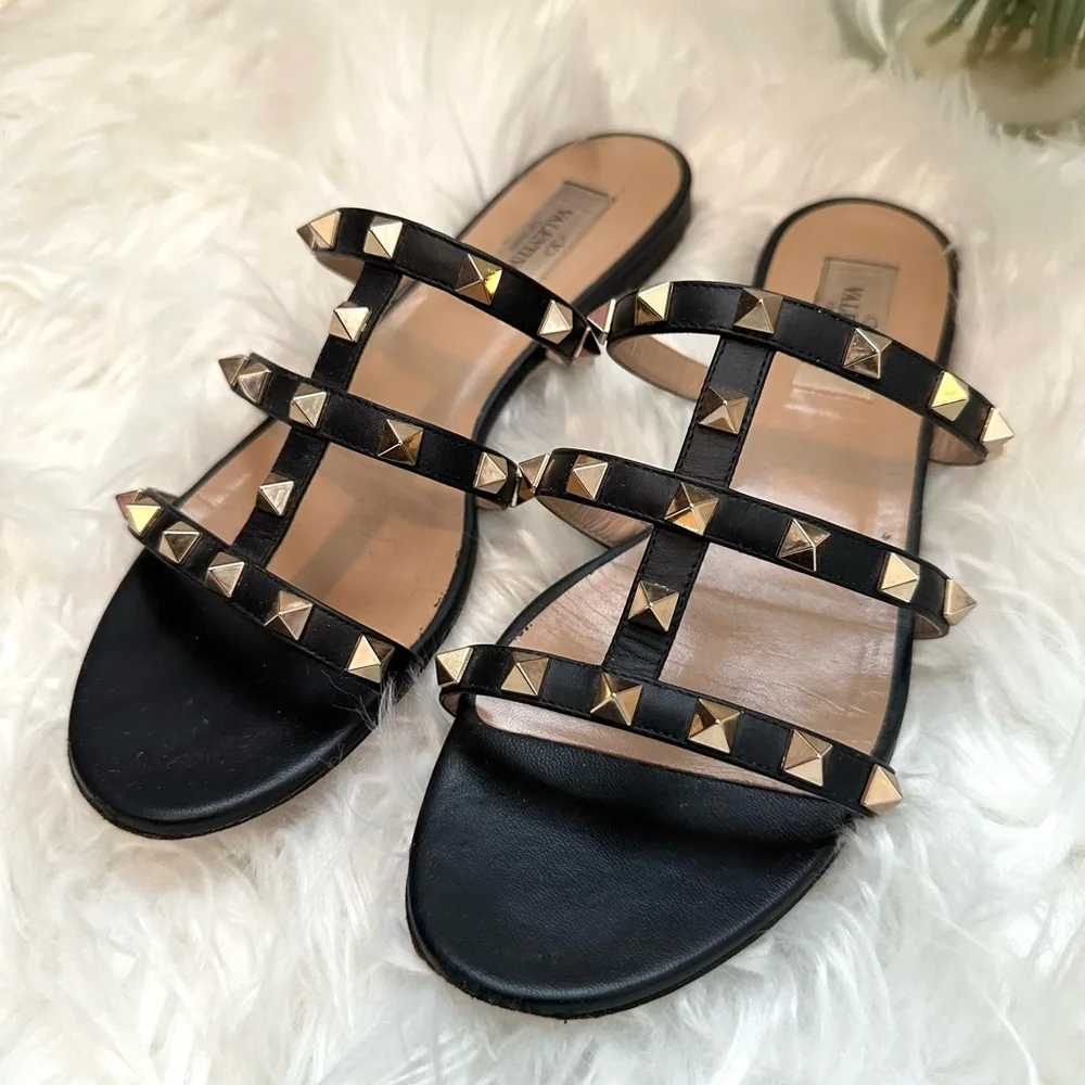 Valentino Rockstud Sandals Black Flats 36.5 - Picture 2 of 8